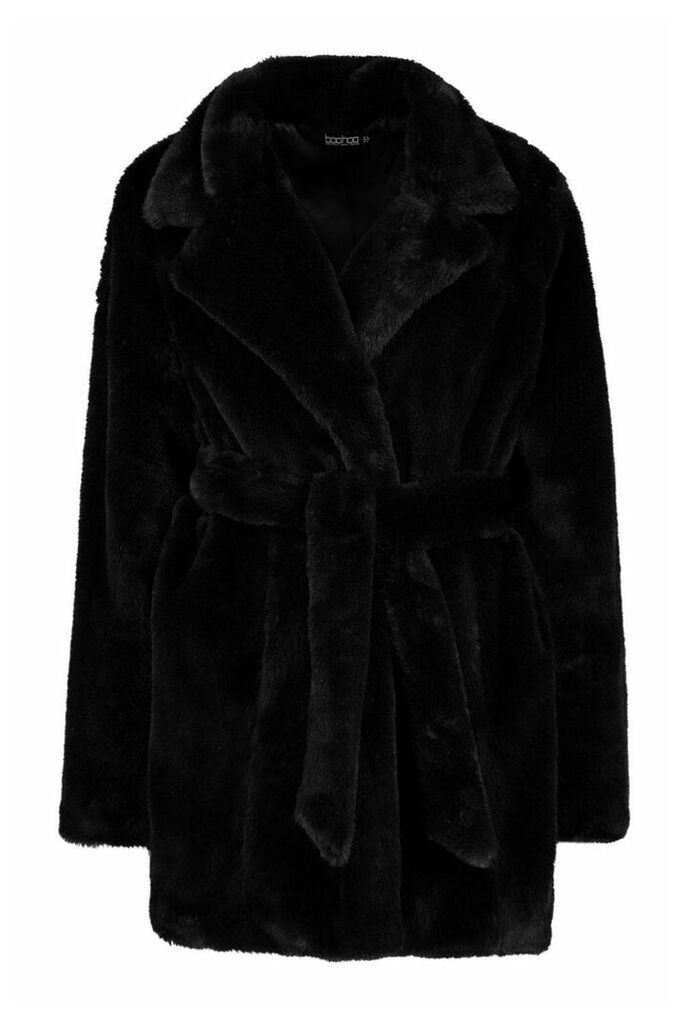Womens Belted Faux Fur Coat - black - 12, Black