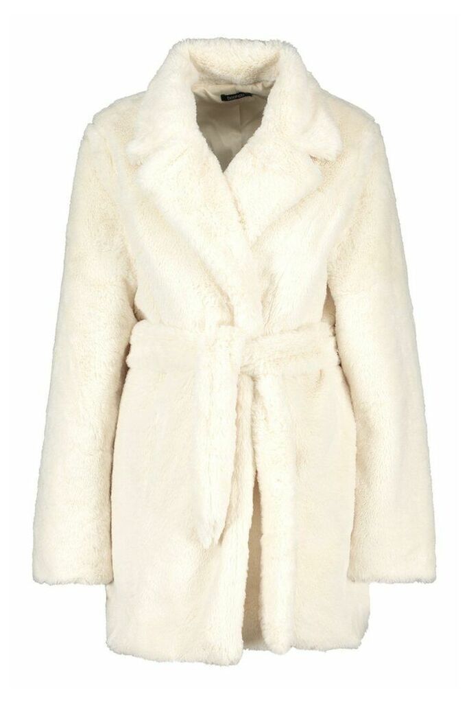 Womens Belted Faux Fur Coat - White - 12, White