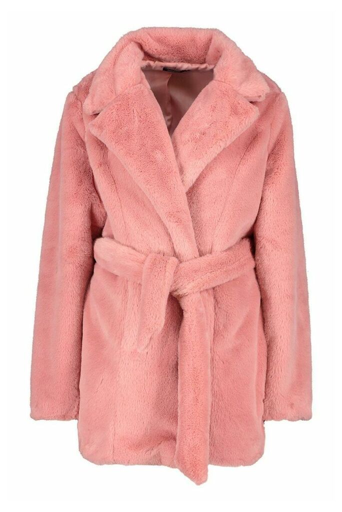 Womens Belted Faux Fur Coat - Pink - 12, Pink