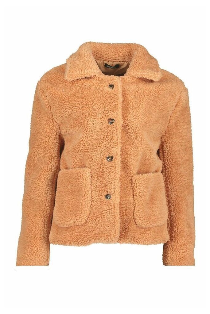 Womens Button Through Teddy Faux Fur Coat - beige - 14, Beige
