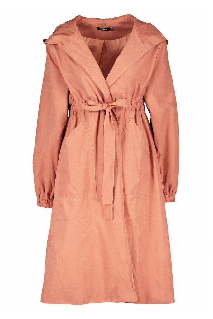 Womens Hooded Belted Trench Coat - Pink - 12, Pink