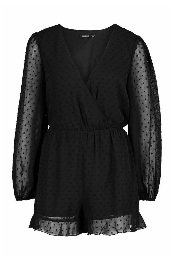 Womens Wrap Dobby Mesh Blouson Sleeve Playsuit - black - 8, Black