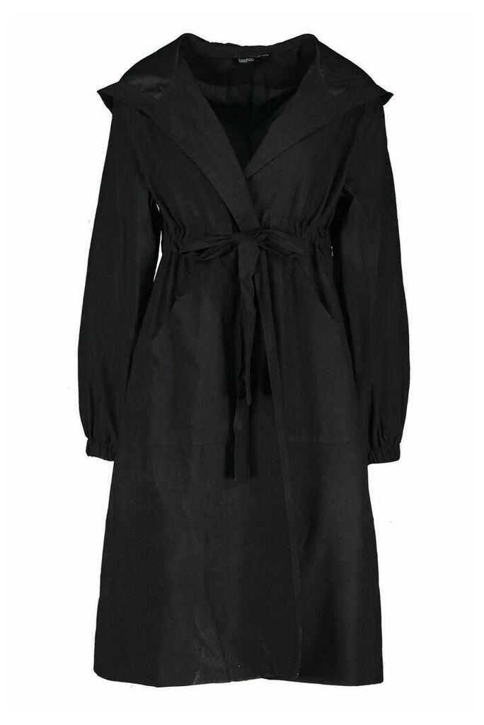 Womens Hooded Belted Trench Coat - black - 8, Black