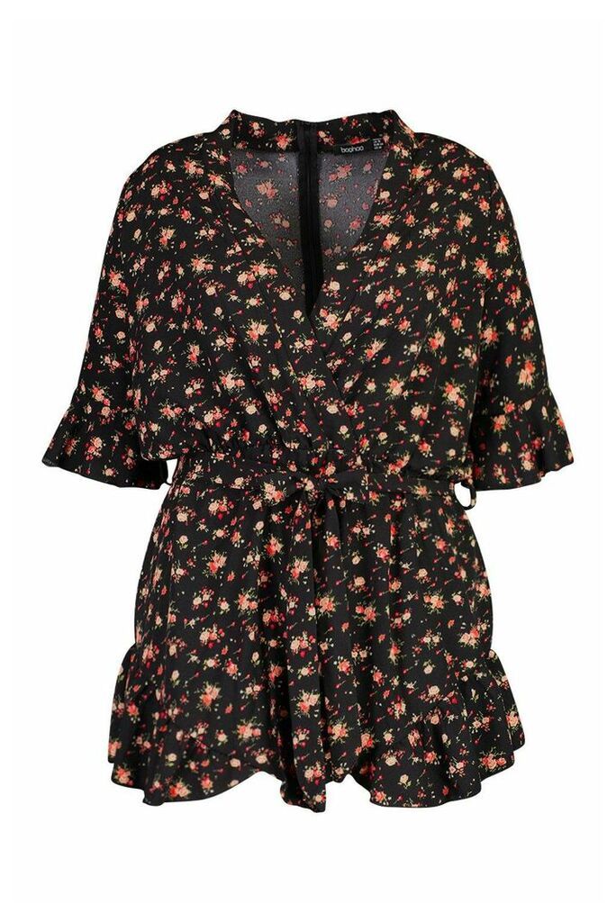 Womens Plus Ditsy Floral Ruffle Wrap Belted Playsuit - black - 18, Black