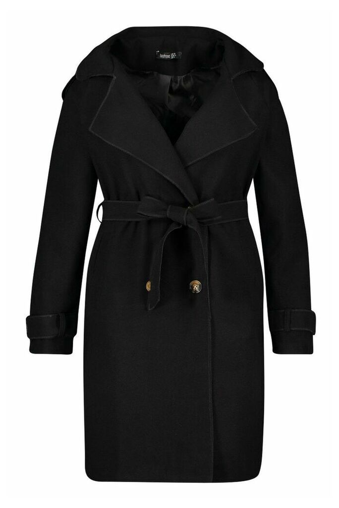Womens Plus Military Detail Wool Look Trench Coat - Black - 20, Black