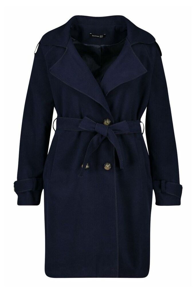 Womens Plus Military Detail Wool Look Trench Coat - Navy - 16, Navy
