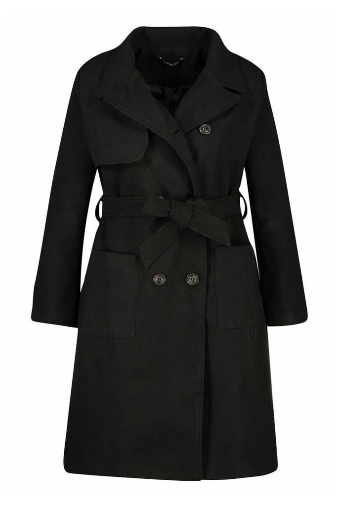 Womens Plus Pocket Front Wool Look Trench Coat - Black - 16, Black