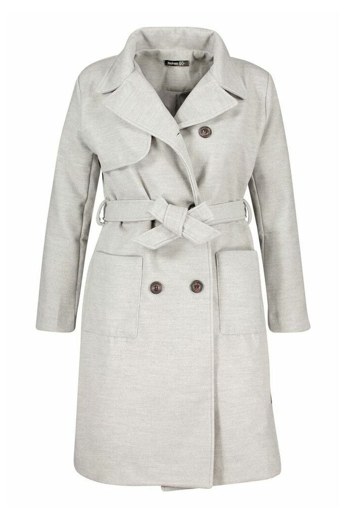 Womens Plus Pocket Front Wool Look Trench Coat - Grey - 18, Grey