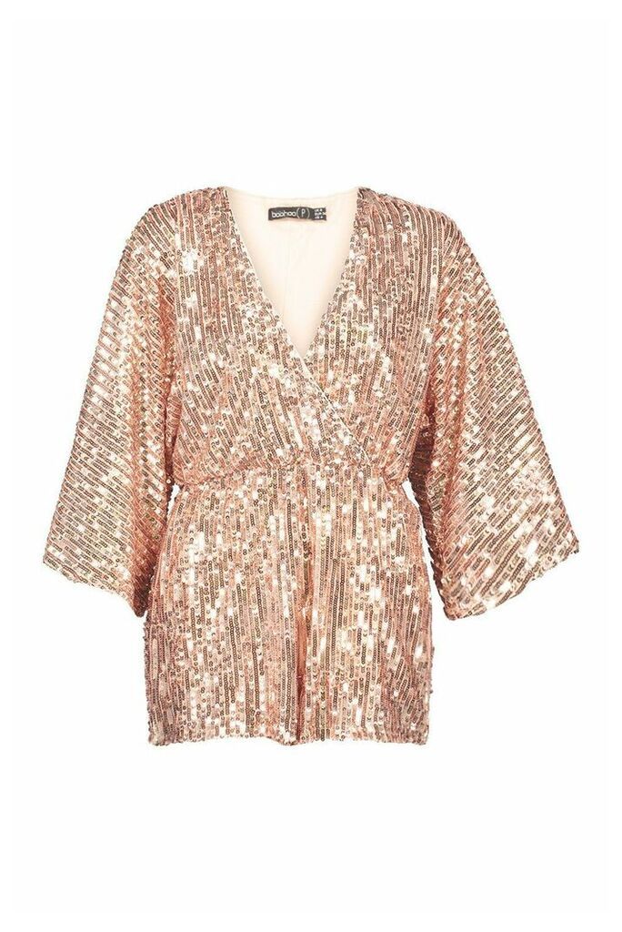 Womens Petite Sequin Wrap Flippy Playsuit - Pink - 10, Pink