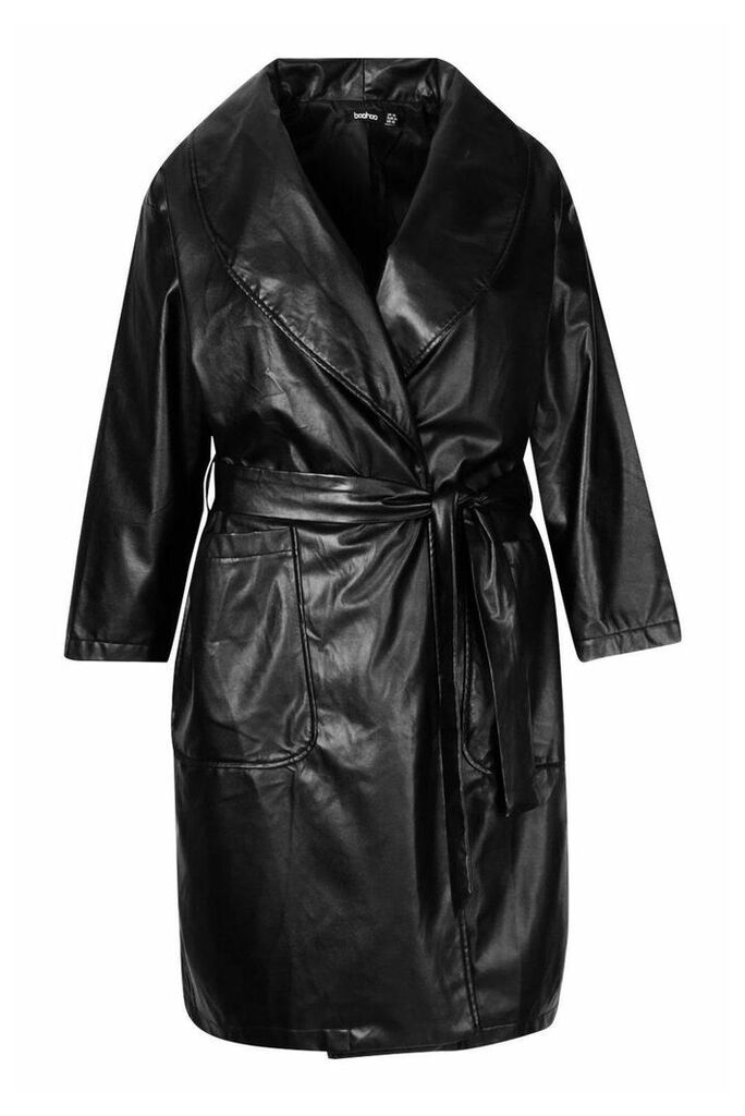 Womens Plus PU Belted Wrap Coat - black - 20, Black
