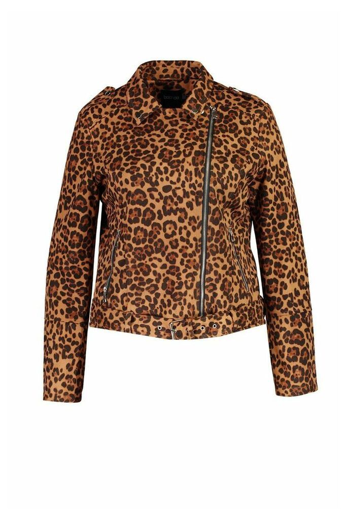 Womens Plus Leopard Suedette Biker Jacket - Brown - 20, Brown