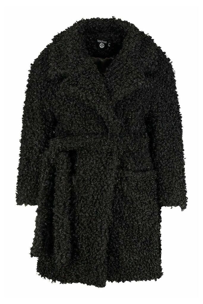 Womens Plus Teddy Faux Fur Belted Coat - black - 22, Black