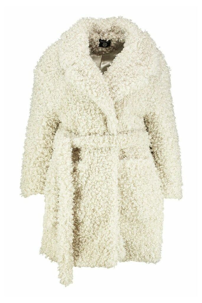 Womens Plus Teddy Faux Fur Belted Coat - white - 22, White