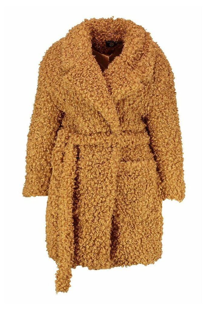 Womens Plus Teddy Faux Fur Belted Coat - beige - 16, Beige