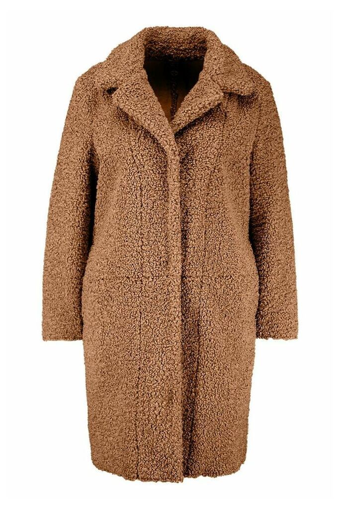 Womens Plus Teddy Faux Fur Longline Coat - beige - 18, Beige
