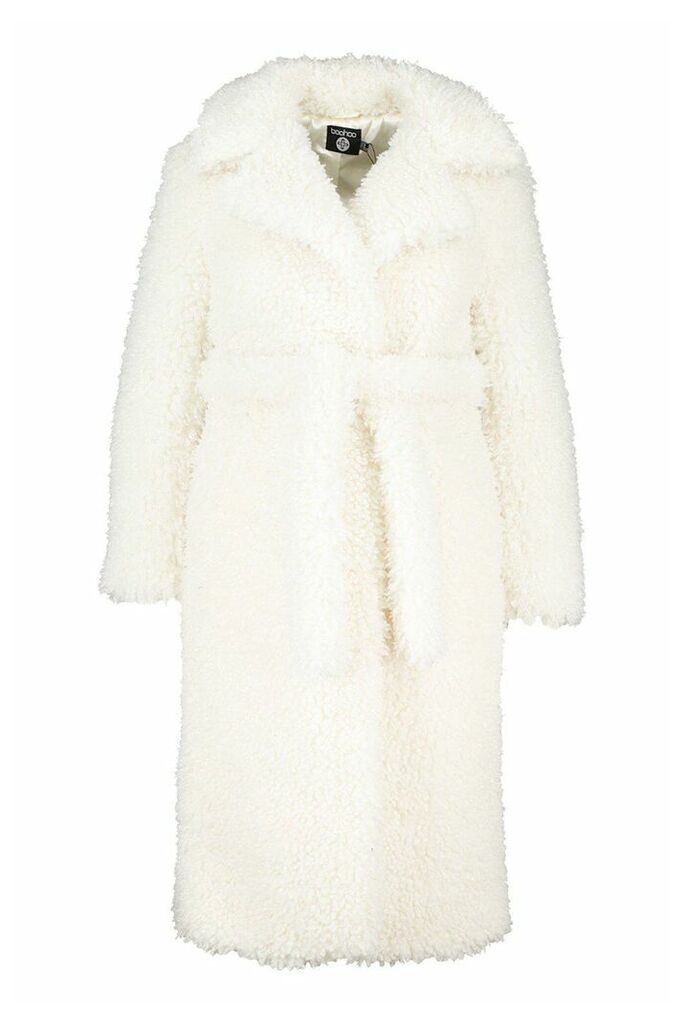 Womens Plus Teddy Faux Fur Belted Longline Coat - white - 18, White