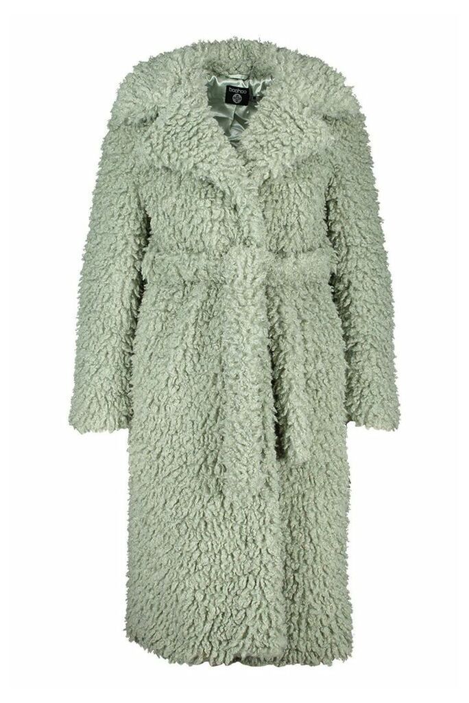 Womens Plus Teddy Faux Fur Belted Longline Coat - green - 16, Green