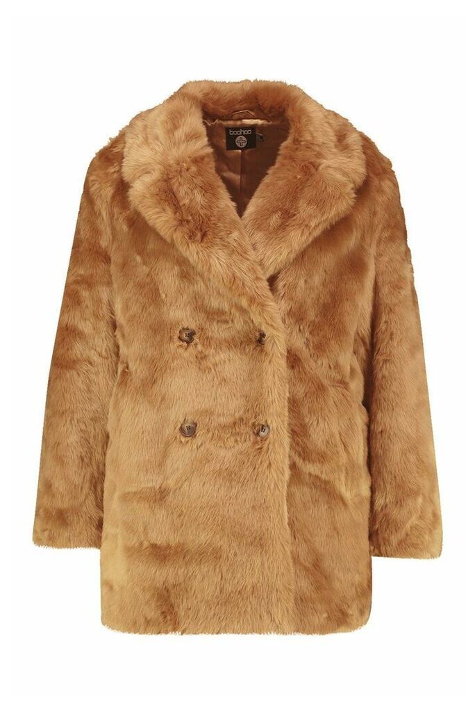Womens Plus Luxe Double Breasted Faux Fur Coat - beige - 18, Beige