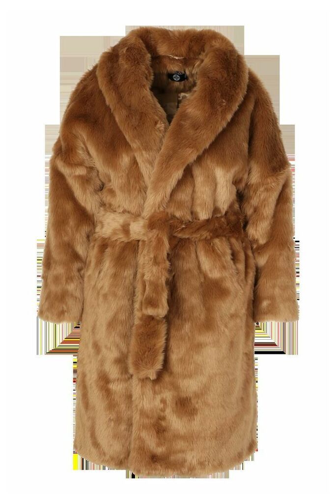 Womens Plus Luxe Shawl Collar Belted Faux Fur Coat - beige - 18, Beige