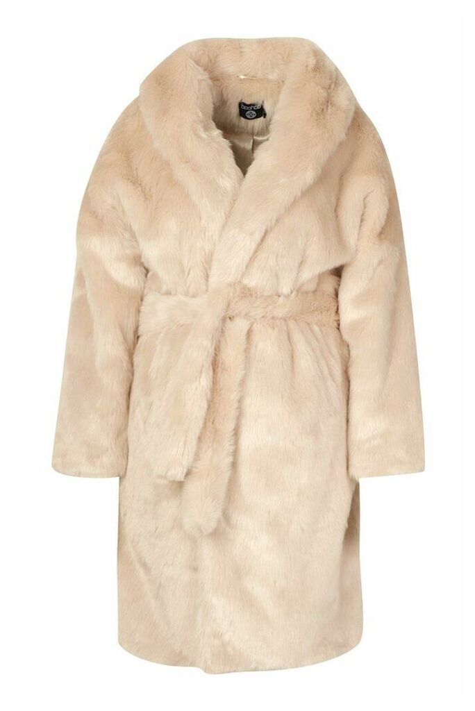 Womens Plus Luxe Shawl Collar Belted Faux Fur Coat - beige - 20, Beige