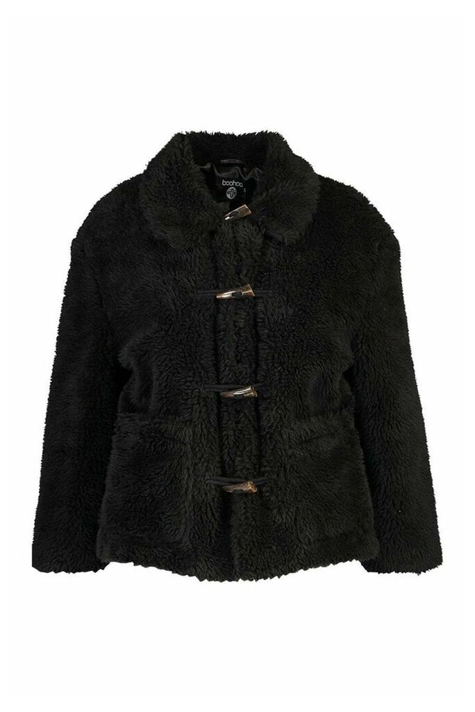 Womens Plus Faux Fur Toggle Detail Pea Coat - black - 16, Black
