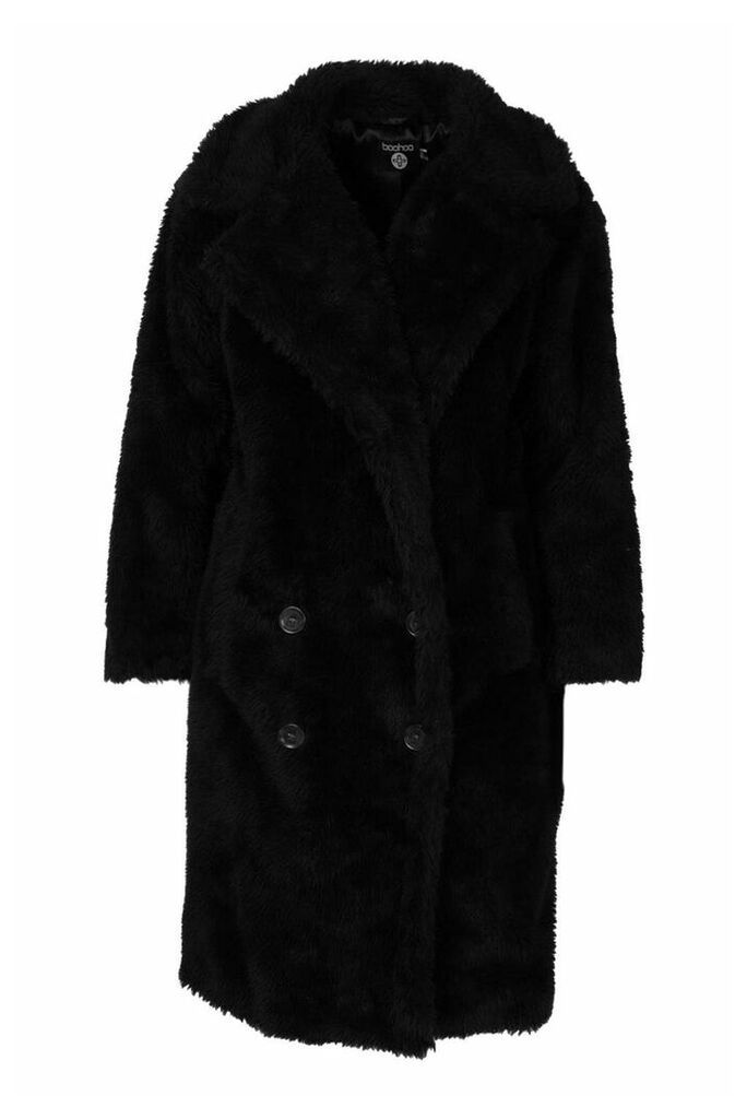 Womens Plus Teddy Faux Fur Button Detail Coat - black - 16, Black