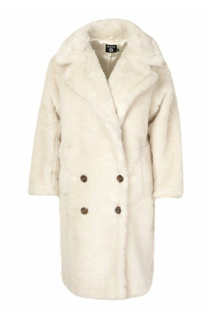 Womens Plus Teddy Faux Fur Button Detail Coat - white - 16, White