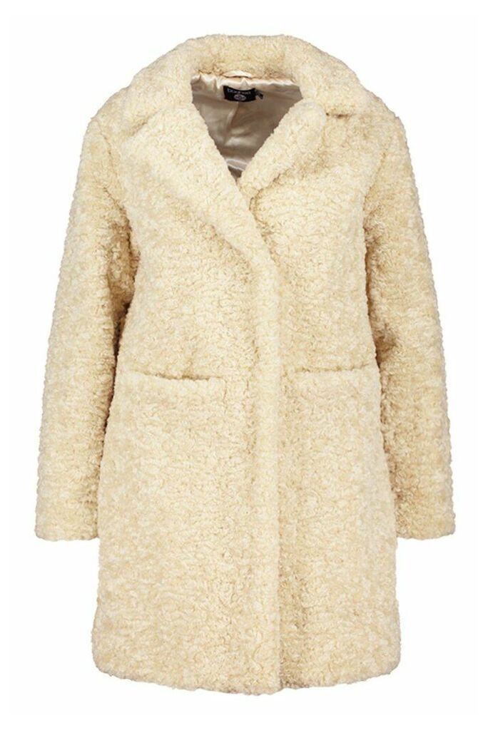 Womens Plus Faux Fur Teddy Pocket Coat - white - 18, White
