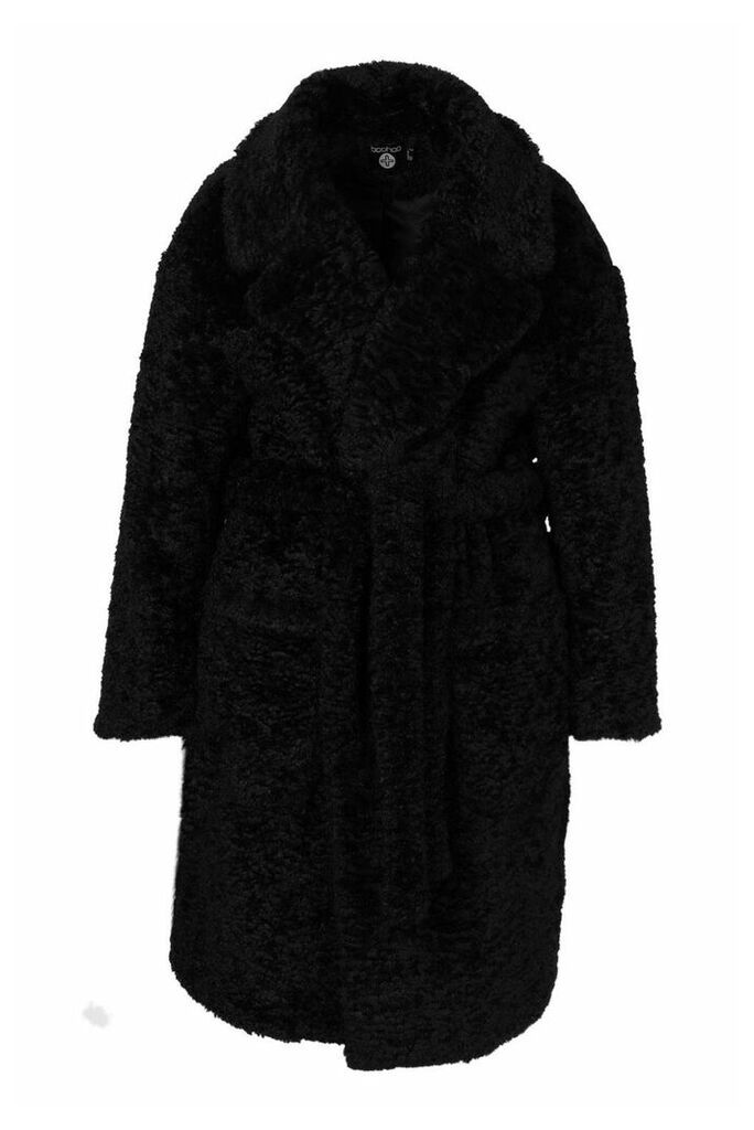 Womens Plus Teddy Faux Fur Belted Mid Length Coat - Black - 24, Black