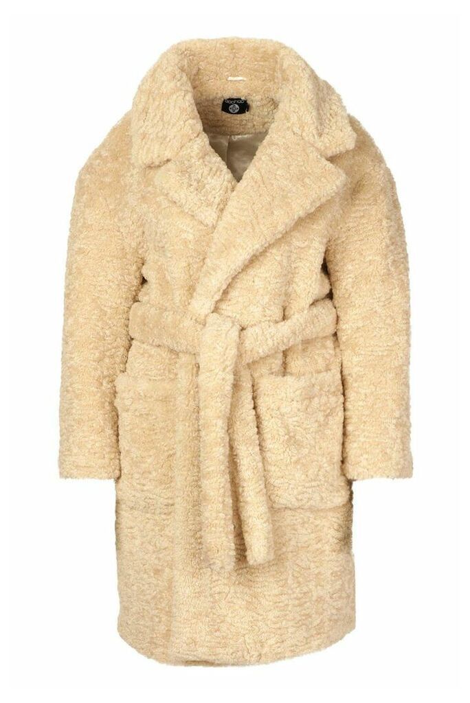 Womens Plus Teddy Faux Fur Belted Mid Length Coat - White - 18, White