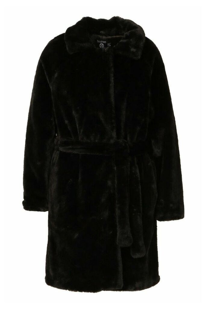 Womens Plus Supersoft Belted Faux Fur Longline Coat - black - 18, Black