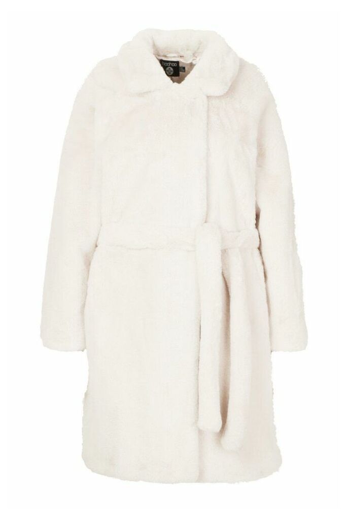 Womens Plus Supersoft Belted Faux Fur Longline Coat - White - 20, White