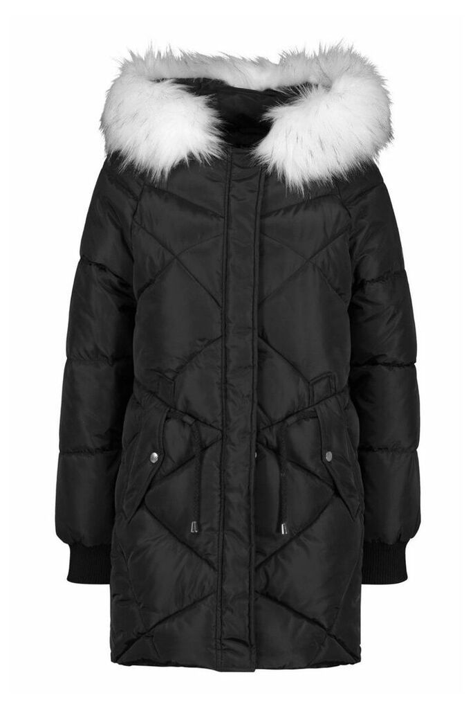 Womens Petite Faux Fur Hood Drawstring Padded Coat - black - 8, Black