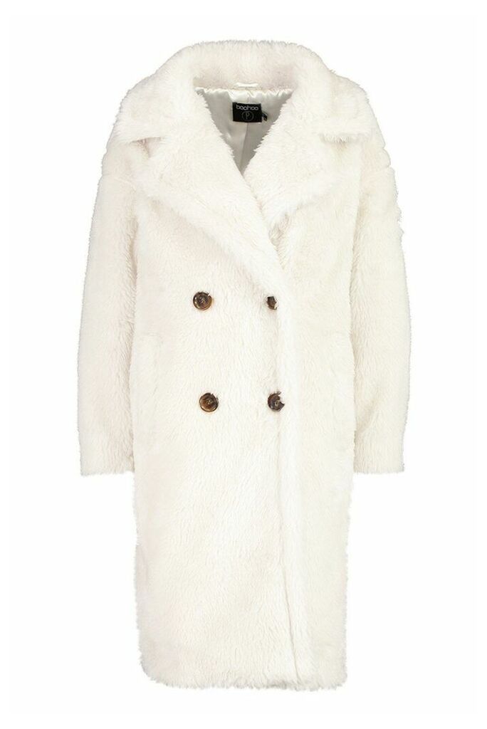 Womens Petite Longline Double Breasted Faux Teddy Coat - white - 14, White