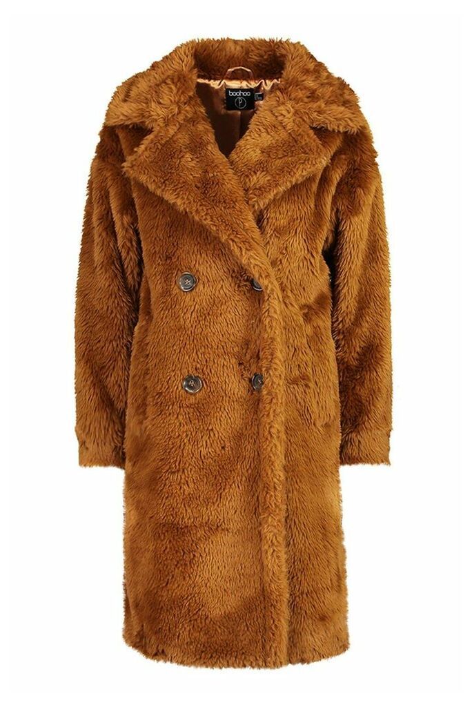 Womens Petite Longline Double Breasted Faux Teddy Coat - Brown - 14, Brown