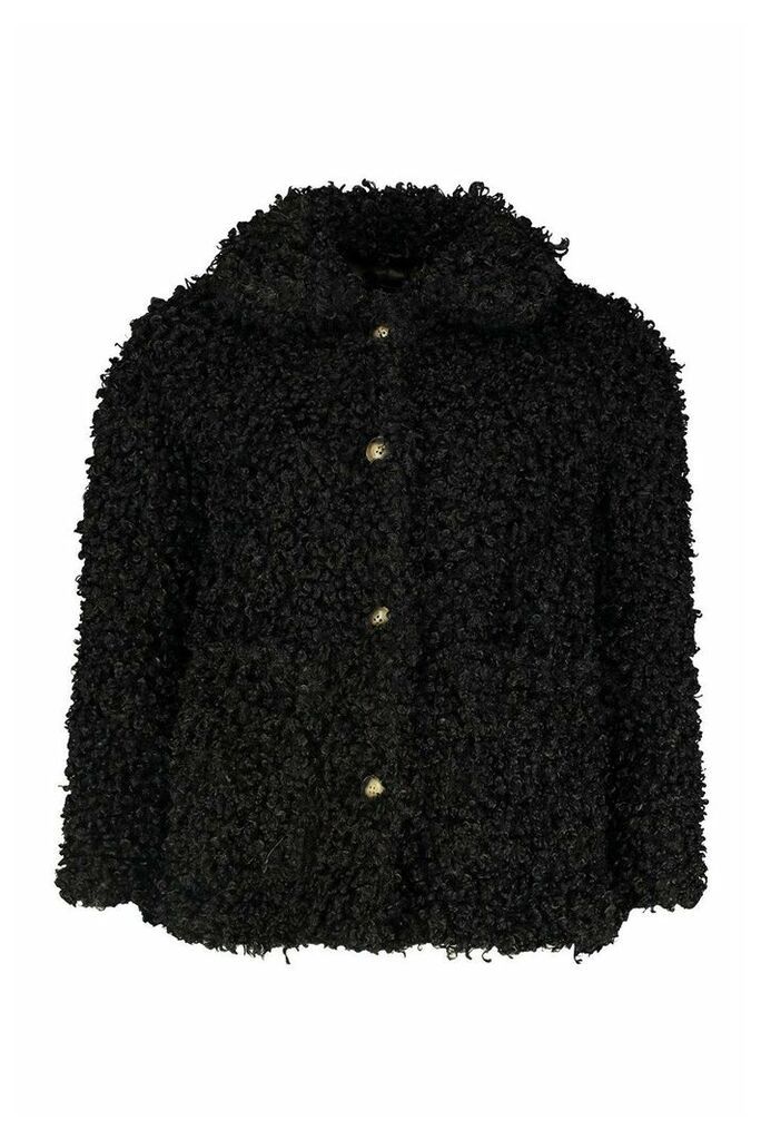 Womens Petite Faux Teddy Fur Pea Coat - black - 4, Black