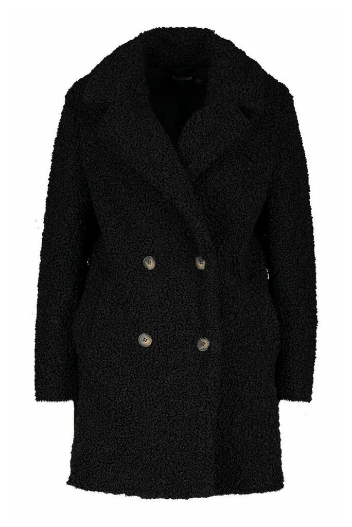 Womens Petite Double Breasted Faux Teddy Fur Coat - black - 12, Black