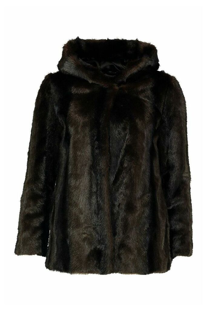 Womens Petite Hooded Luxe Faux Fur Coat - brown - 12, Brown