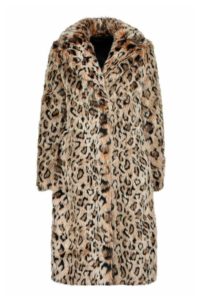 Womens Petite Longline Leopard Print Faux Fur Coat - brown - 12, Brown