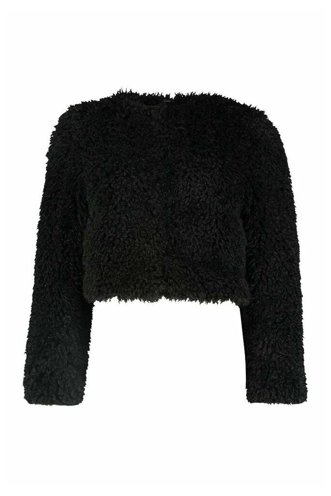 Womens Petite Crop Curly Faux Fur Coat - black - 10, Black