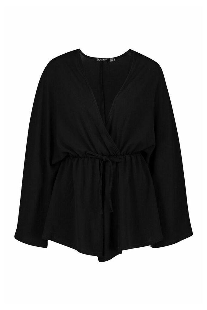 Womens Petite Woven Kimono Sleeve Beach Playsuit - black - 8, Black