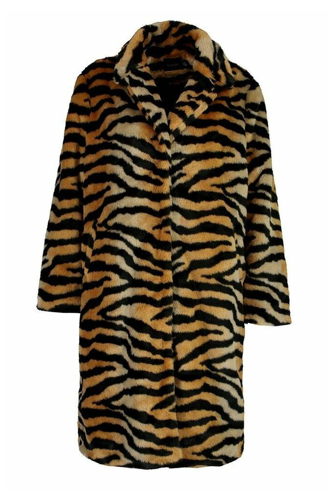 Womens Plus Tiger Print Faux Fur Coat - brown - 22, Brown