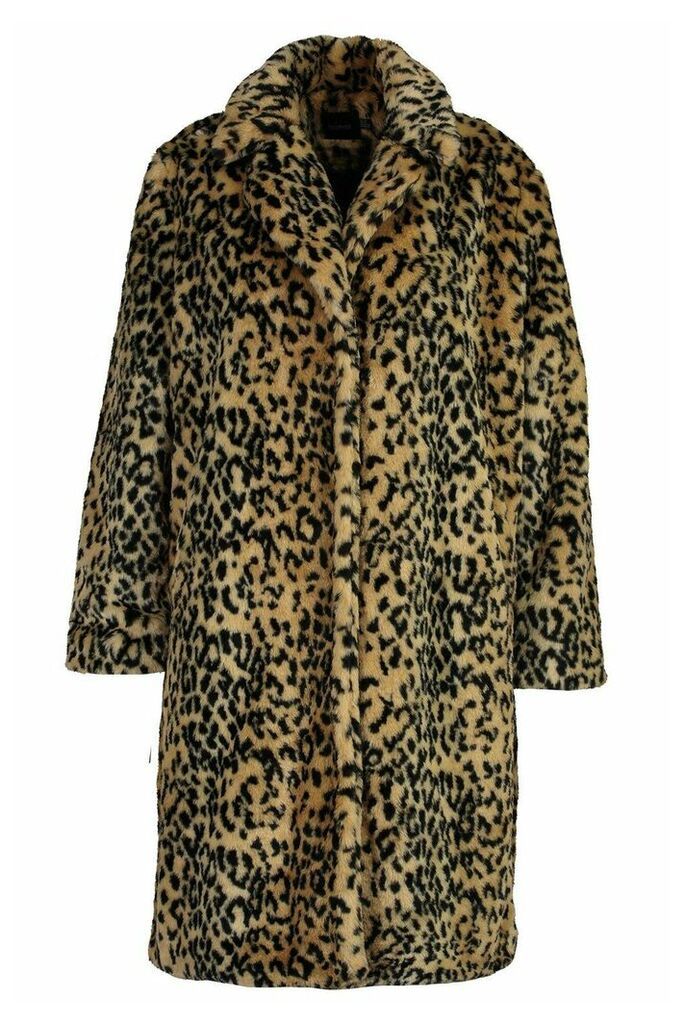 Womens Plus Leopard Print Faux Fur Coat - brown - 20, Brown