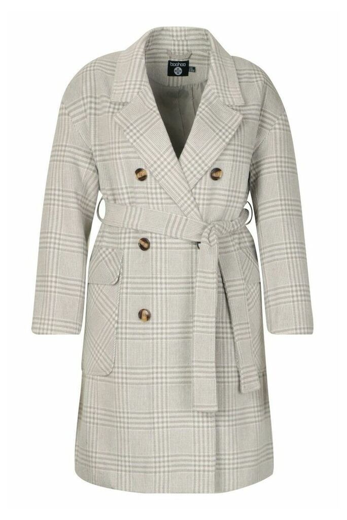 Womens Plus Tonal Check Belted Button Trench Coat - Grey - 18, Grey