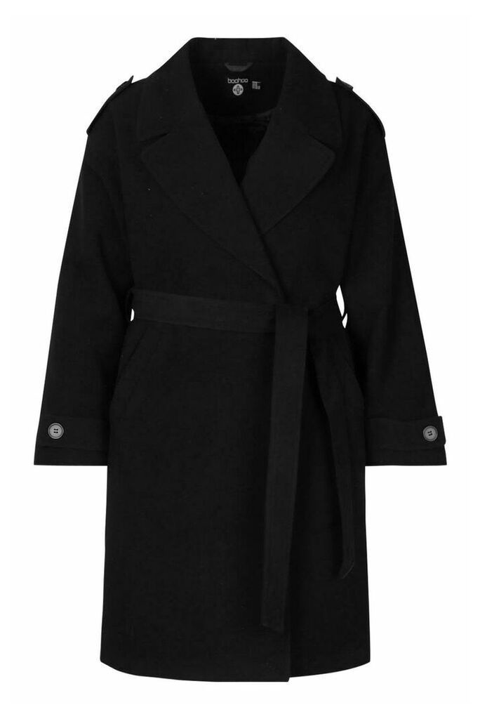 Womens Plus Wool Look Button Detail Belted Coat - black - 18, Black