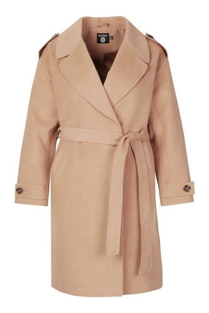 Womens Plus Wool Look Button Detail Belted Coat - beige - 18, Beige