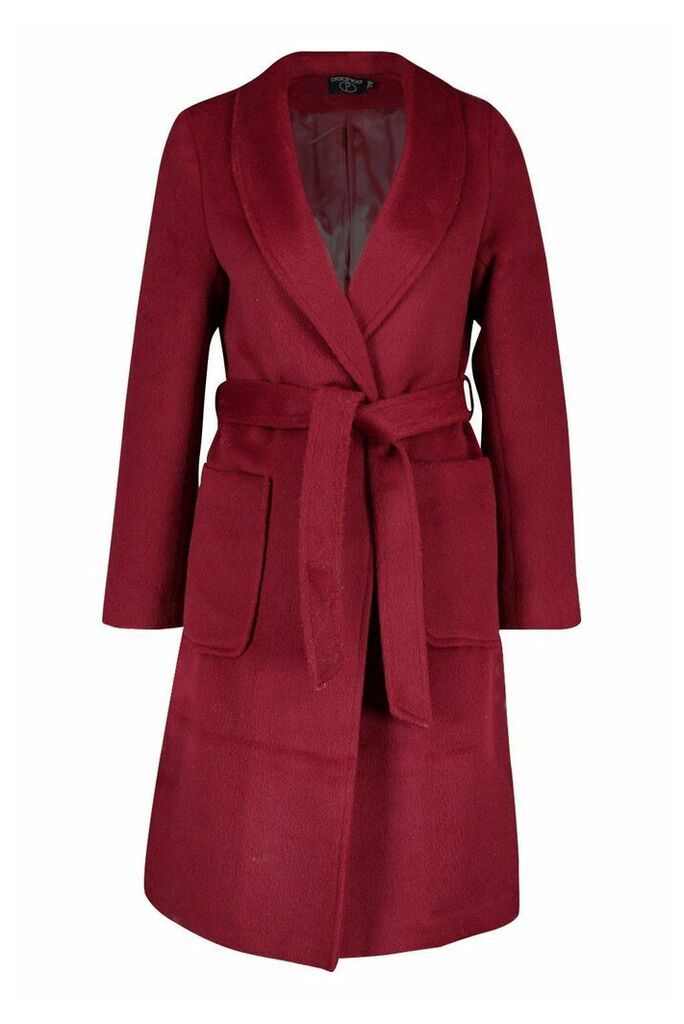 Womens Petite Wrap Pocket Wool Look Coat - Red - 14, Red