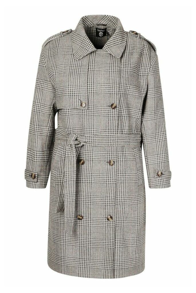 Womens Plus Wool Look Prince Of Wales Check Trench Coat - grey - 18, Grey