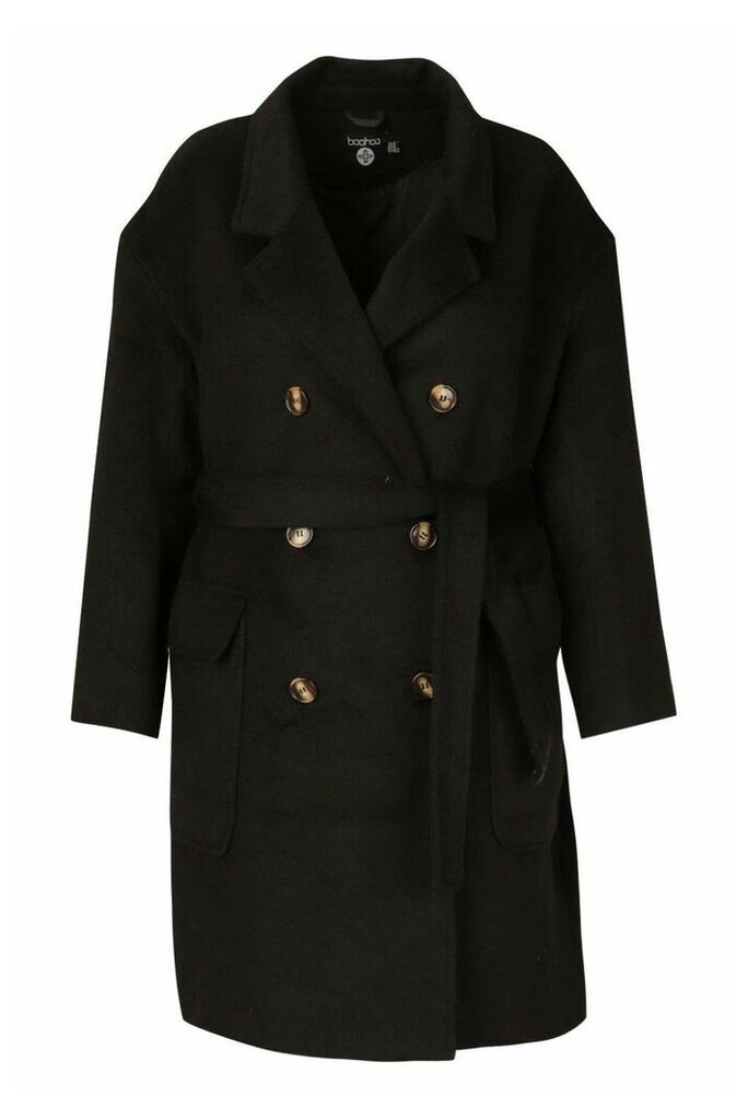 Womens Plus Wool Look Belted Button Detail Trench Coat - Black - 18, Black