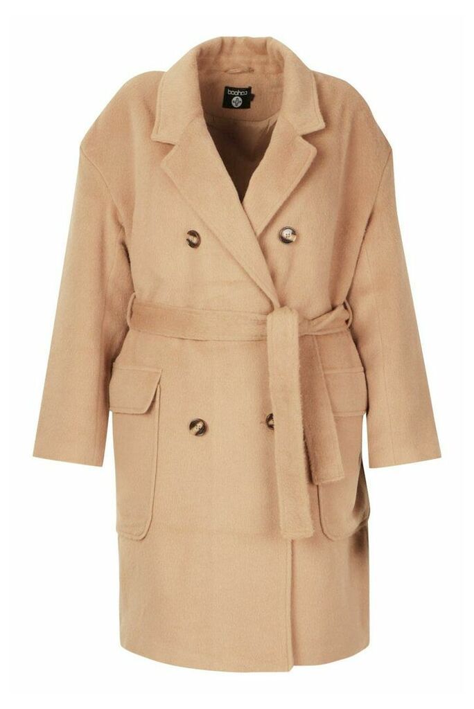 Womens Plus Wool Look Belted Button Detail Trench Coat - Beige - 22, Beige